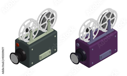 Isometric old camcorder. Filming movie on retro instrument. Film recording of movie. Realistic 3D vector isolated on white background