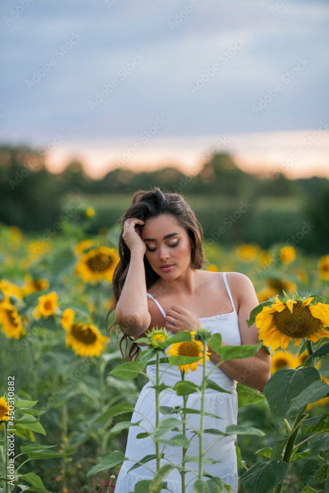 Portrait of a young beautiful woman with dark hair in a sunflower field at sunset. Happy. Summer. Portrait of a young beautiful woman with dark hair in a sunflower field at sunset. Happy. Summer.