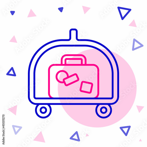 Line Hotel luggage cart with suitcase icon isolated on white background. Traveling baggage sign. Travel luggage icon. Colorful outline concept. Vector