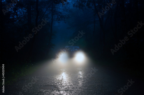 A spooky forest road with car headlights shining through the fog. photo