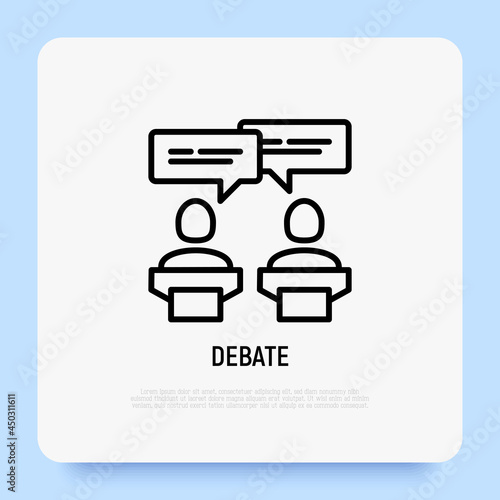 Debate thin line icon, two candidates are discussing politics. Modern vector illustration.