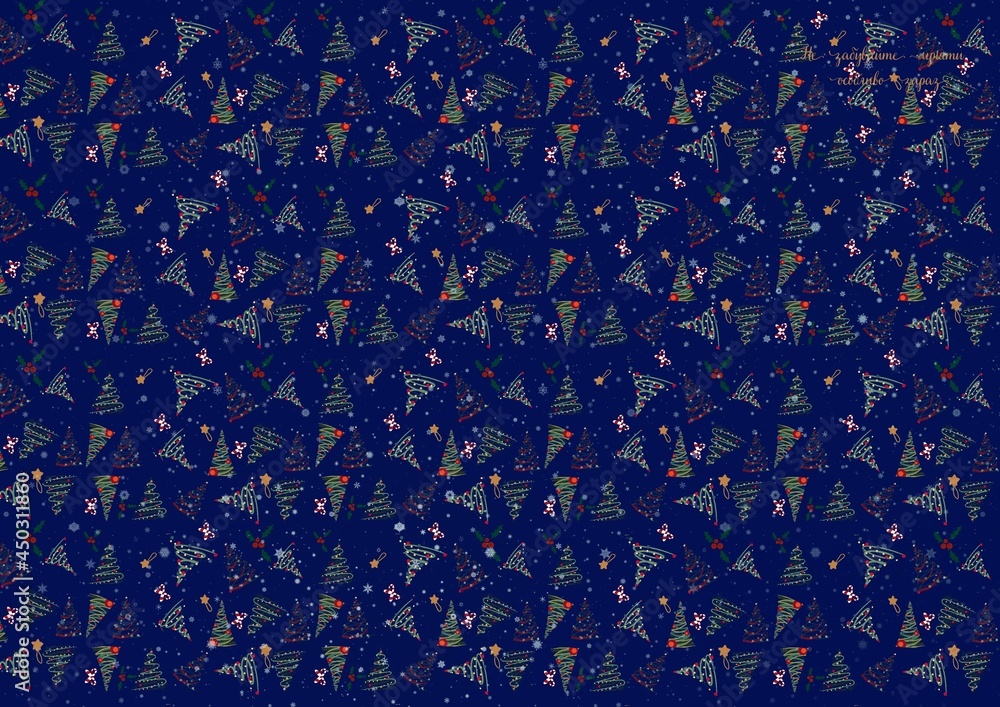 Fototapeta premium New year’s pattern violet background. Snow, new year tree, stars, candies. Perfect for wallpaper, presents paper, Christmas cards