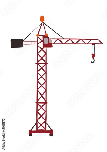 Red tower crane. Building machine on construction site. Tower construction crane with container on cable hook. Telescope elevator. Heavy industry equipment cargo shipping