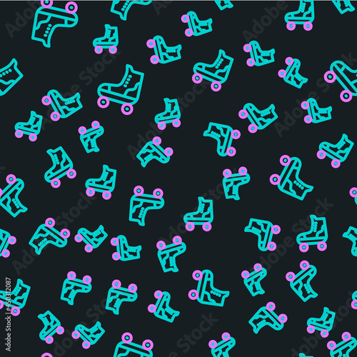 Line Roller skate icon isolated seamless pattern on black background. Vector