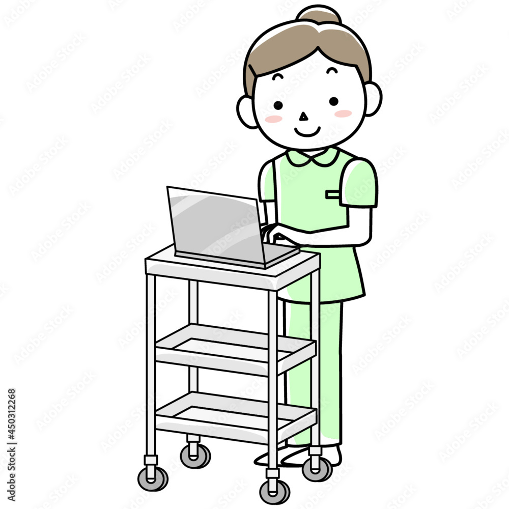 回診用ワゴンの上でPCを操作する看護師 回診用ワゴンの上でPCを操作する看護師