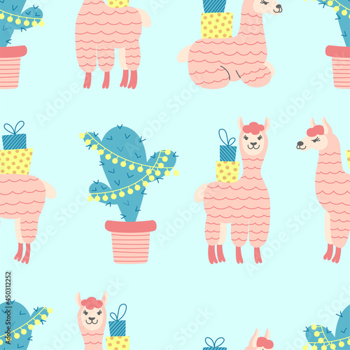 Seamless pattern of cute alpacas with rainbows and clouds on white background. Ideal for baby cloth, wallpaper, wrapping paper, home decor.