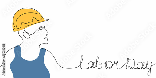 Happy Labor Day banner with builder in trendy one continuous line art style. Vector linear abstract illustration