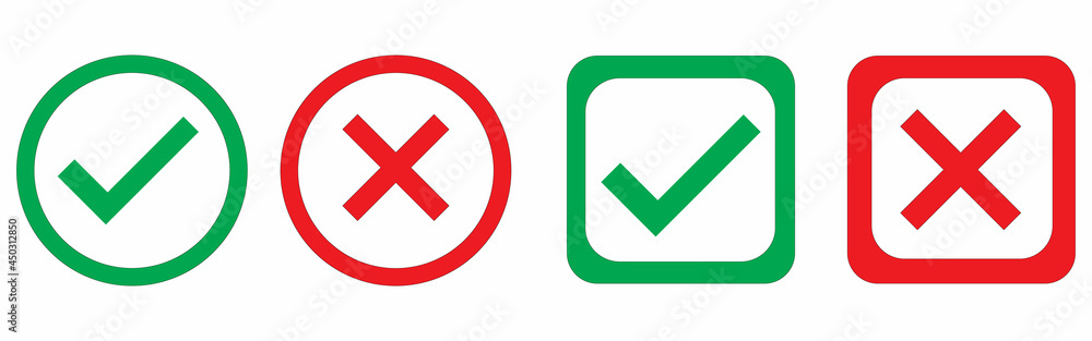 Obraz premium Check mark and x set icon. Simple web buttons. Checkmarks and x or confirm. Round checkmark.