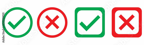 Check mark and x set icon. Simple web buttons. Checkmarks and x or confirm. Round checkmark.