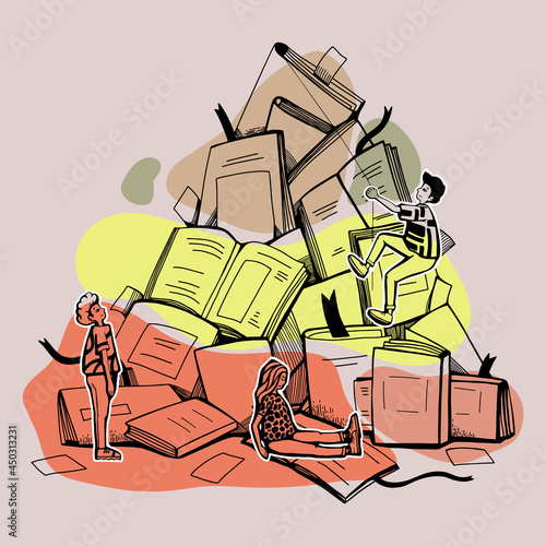 people climb the mountain from the books. cute graphic flat modern illustration about the difficulty of studying in school, college or university. hand drawn sketch. isolated.