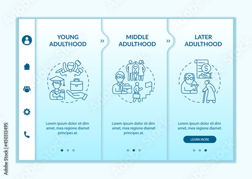 Stages of adulthood onboarding vector template. Personal realization. Responsive mobile website with icons. Web page walkthrough 3 step screens. Lifecycle color concept with linear illustrations