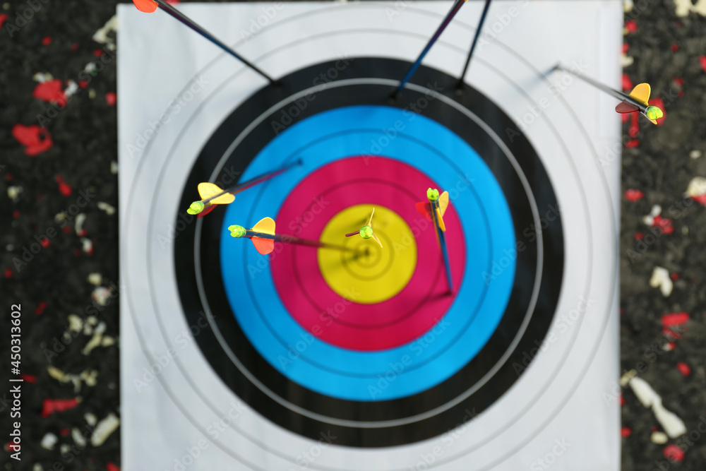 Many arrows in archery target, closeup view Many arrows in archery target, closeup view