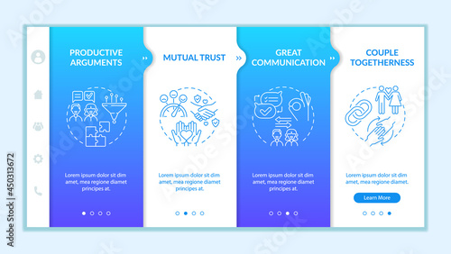 Mature relationship signs onboarding vector template. Responsive mobile website with icons. Web page walkthrough 4 step screens. Productive arguments color concept with linear illustrations