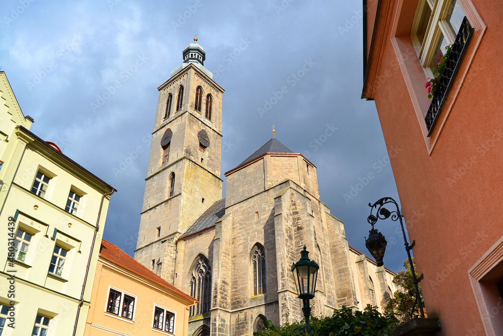 The Church of St James (Jacob) catholic church building with clock tower in Kutna Hora historical Town Center, Central Bohemian Region, Czech Republic.