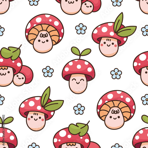 Seamless pattern with cute kawaii mushrooms amanita, leaves, daisies. Tileable endless background in cartoon style. Print for stationery supplies, decor, textile, wrapping paper etc.