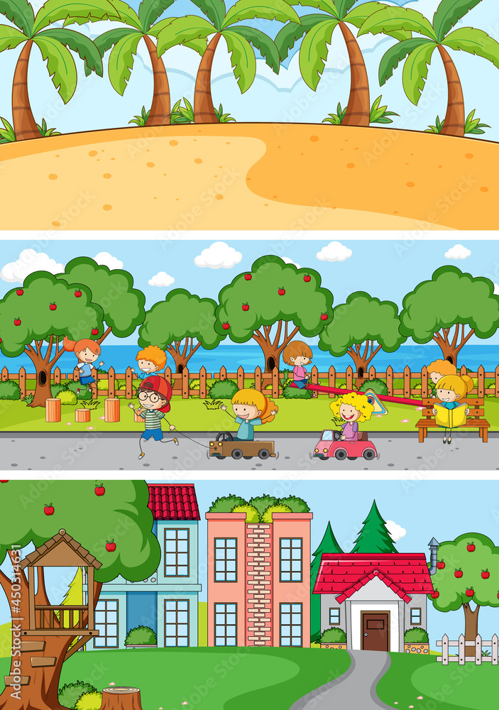 Set of different horizontal scenes background with doodle kids cartoon character Set of different horizontal scenes background with doodle kids cartoon character