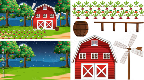 Farm element set isolated with farm scene