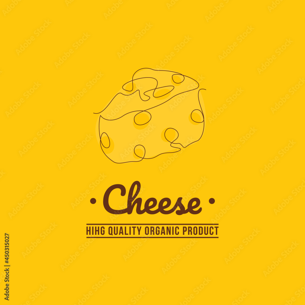 Cheese logo icon with caption. Piece of cheese continuous line drawing isolated on yellow background vector illustration Cheese logo icon with caption. Piece of cheese continuous line drawing isolated on yellow background vector illustration