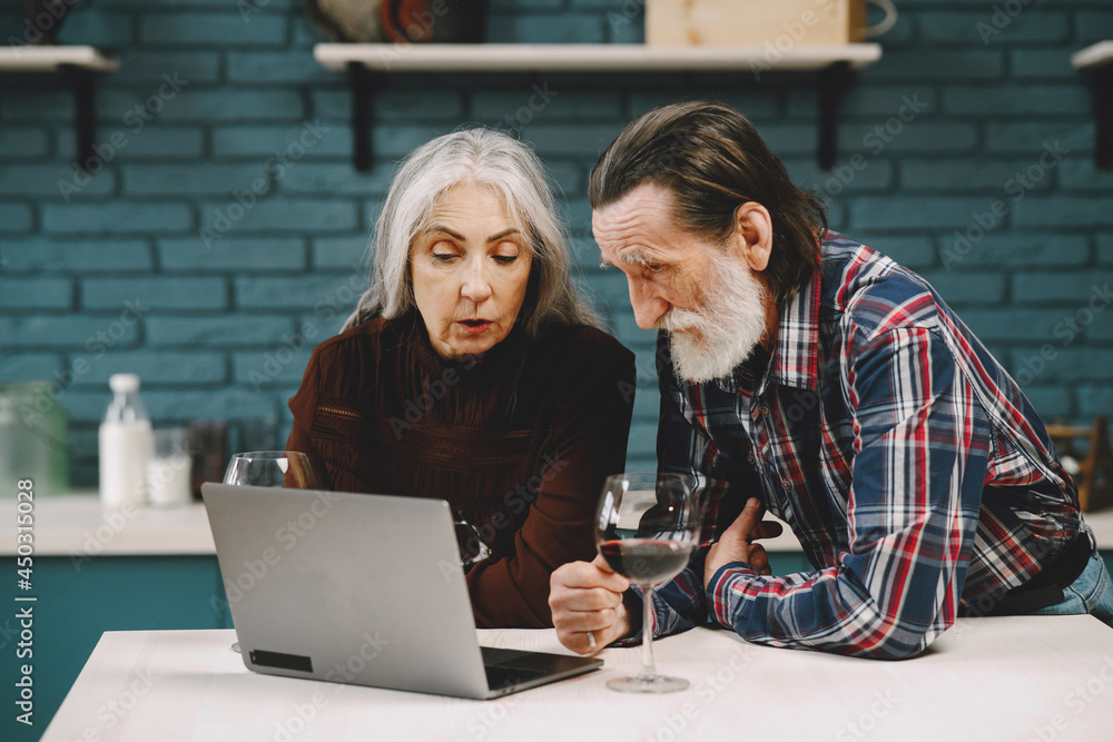 Happy senior couple using laptop at the kitchen Happy senior couple using laptop at the kitchen
