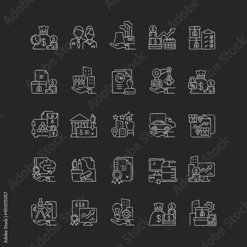 Business assets chalk white icons set on dark background. Company owned items. Resources for productivity, efficiency and revenue promotion. Isolated vector chalkboard illustrations on black