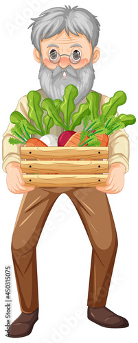 Old farmer man holding wooden crate of vegetable isolated