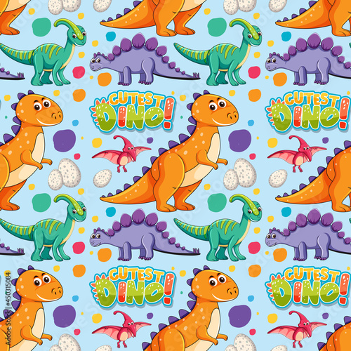 Seamless pattern with cute dinosaurs and font on blue background