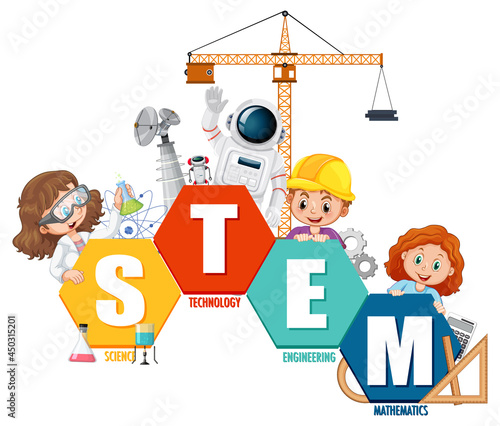 STEM education logo banner with kids cartoon character