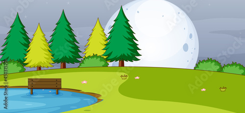 Empty park scene at night with the big moon in simple style