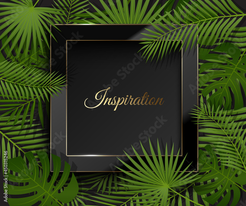 Glass black frame with gold edge on green summer tropical background, exotic palm leaves and plant. Vector floral design. Square glossy luxury black and golden line frame. Border for logo, headline