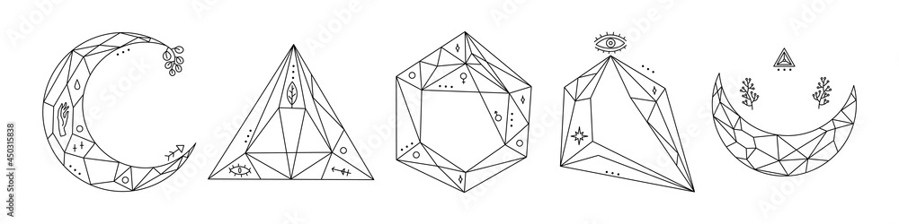 Lineart crystals florariums, set of different forms, symbols. Black illustration isolated on white background Lineart crystals florariums, set of different forms, symbols. Black illustration isolated on white background