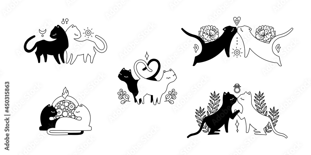 Obraz premium Set of black and white cat couples in love, different poses, cute cat silhouette. Black illustration isolated on white background
