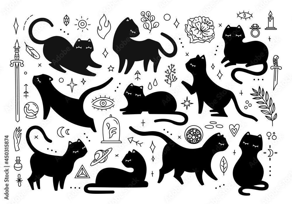 Black magic cats, set of different poses, cute cat silhouette and mystical elements. Black illustration isolated on white background