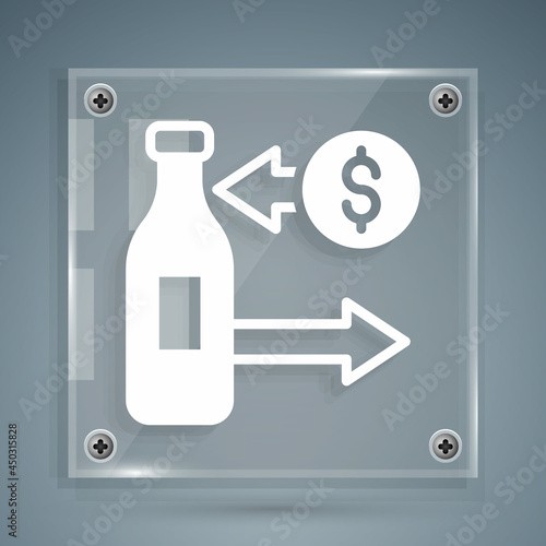 White Reception and sale of glass bottles icon isolated on grey background. Square glass panels. Vector