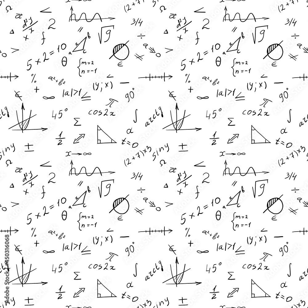 Seamless white background with formulas, numbers and shapes. Seamless white background with formulas, numbers and shapes.