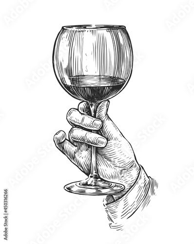 Glass of wine in hand. Sketch vintage vector illustration