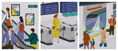 People at subway station vector illustration set. Passengers at metro platform waiting for subway train. People on escalator. Woman with mobile phone passing turnstile. Urban public transport concept
