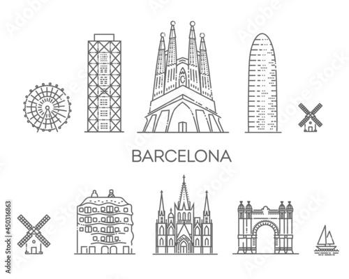 Fototapete Barcelona skyline, Spain. City flat line art