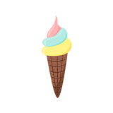 Colored flat icon with an ice cream cone. Summer mood. Element, clipart, object, item for sticker, logo, label, emblem. For an ice cream maker, a seller of cold snacks, a summer festival or a fair.