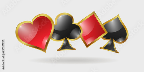 A set of card suits for casinos, slot machines and card games. Images of card suits with glass shine and gold border. 3 D. Vector illustration.