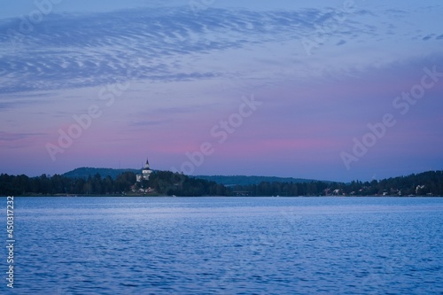 View of the Själevadfjärden bay from the Överhörnäs after sunset