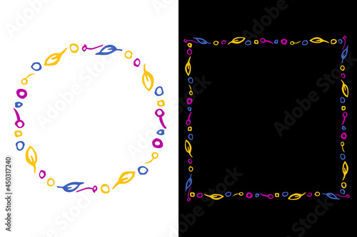 Doodle ink brush stroke line circle, square Frames. Hand drawn colored artistic elements. White, black easy editable background. Vector
