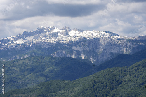 Dubčica, partly snowy mountains. Montenegro