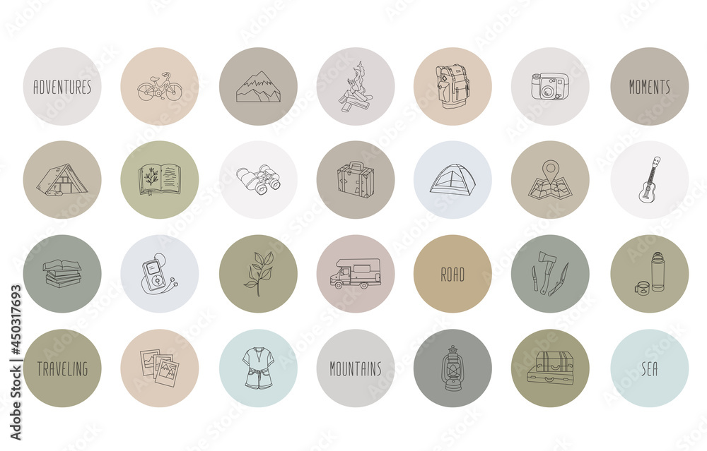 Set design colorful templates icons and emblems - social media story highlight.  travel, hiking, nature, tent, bonfire, books, guitar and more. 