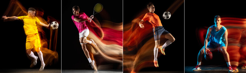 Development of motions of different kinds of sport games. Young men in action isolated over dark background in neon mix colored light.