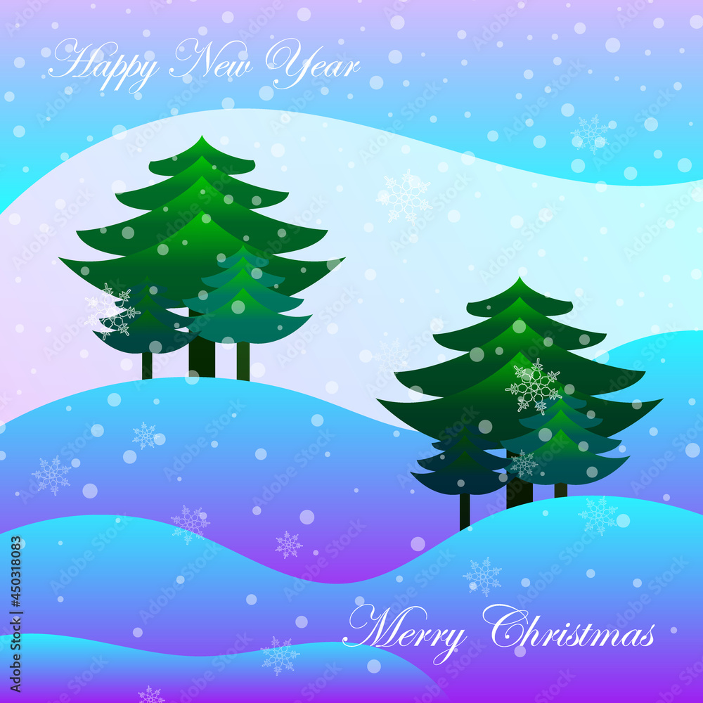 Christmas trees and falling snow Merry Christmas and Happy New Year postcard, many trees on the background, congratulations on the winter holidays Christmas trees and falling snow Merry Christmas and Happy New Year postcard, many trees on the background, congratulations on the winter holidays