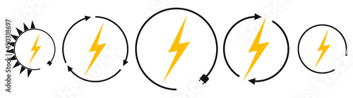 Electric car charging and renewable energy icons, graphic design template, lightning bolt, vector illustration