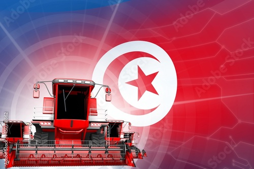 Digital industrial 3D illustration of red modern grain combine harvesters on Tunisia flag  farming equipment modernisation concept