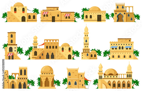 Arabic oriental traditional mud brick architecture buildings. Muslim authentic mud houses, mosque, rotunda, tower vector illustration set. Traditional arabic ancient houses