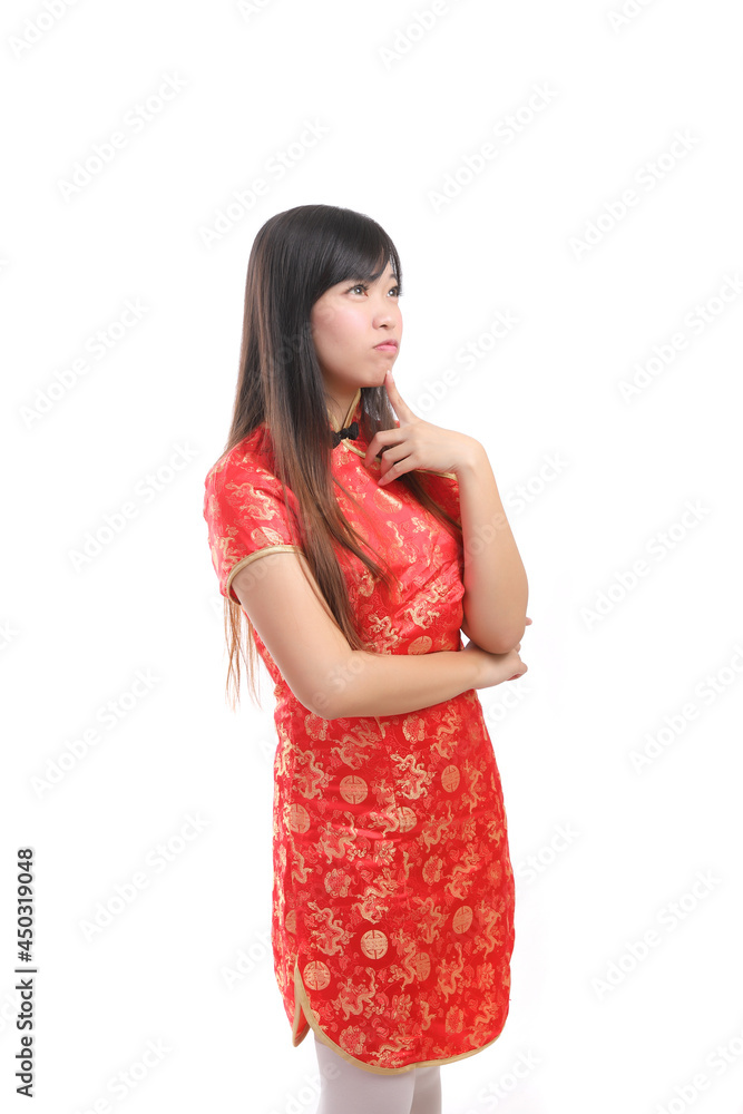 beauty woman wear red cheongsam looking and smile in chinese new year beauty woman wear red cheongsam looking and smile in chinese new year