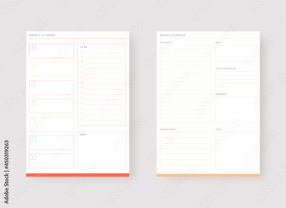 Modern planner template set. Set of planner and to do list. Daily and weekly planner template. Vector illustration. Modern planner template set. Set of planner and to do list. Daily and weekly planner template. Vector illustration.